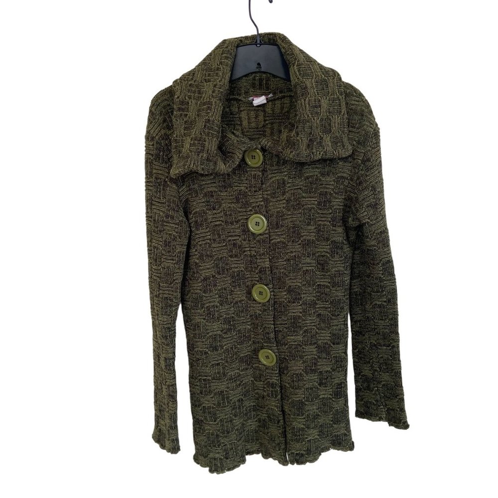 Pinkbee Cardigan Sweater Wool Blend Funnel Neck Green Over Sized Buttons Small